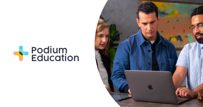 Three adults look at a computer, Podium Education logo to their left